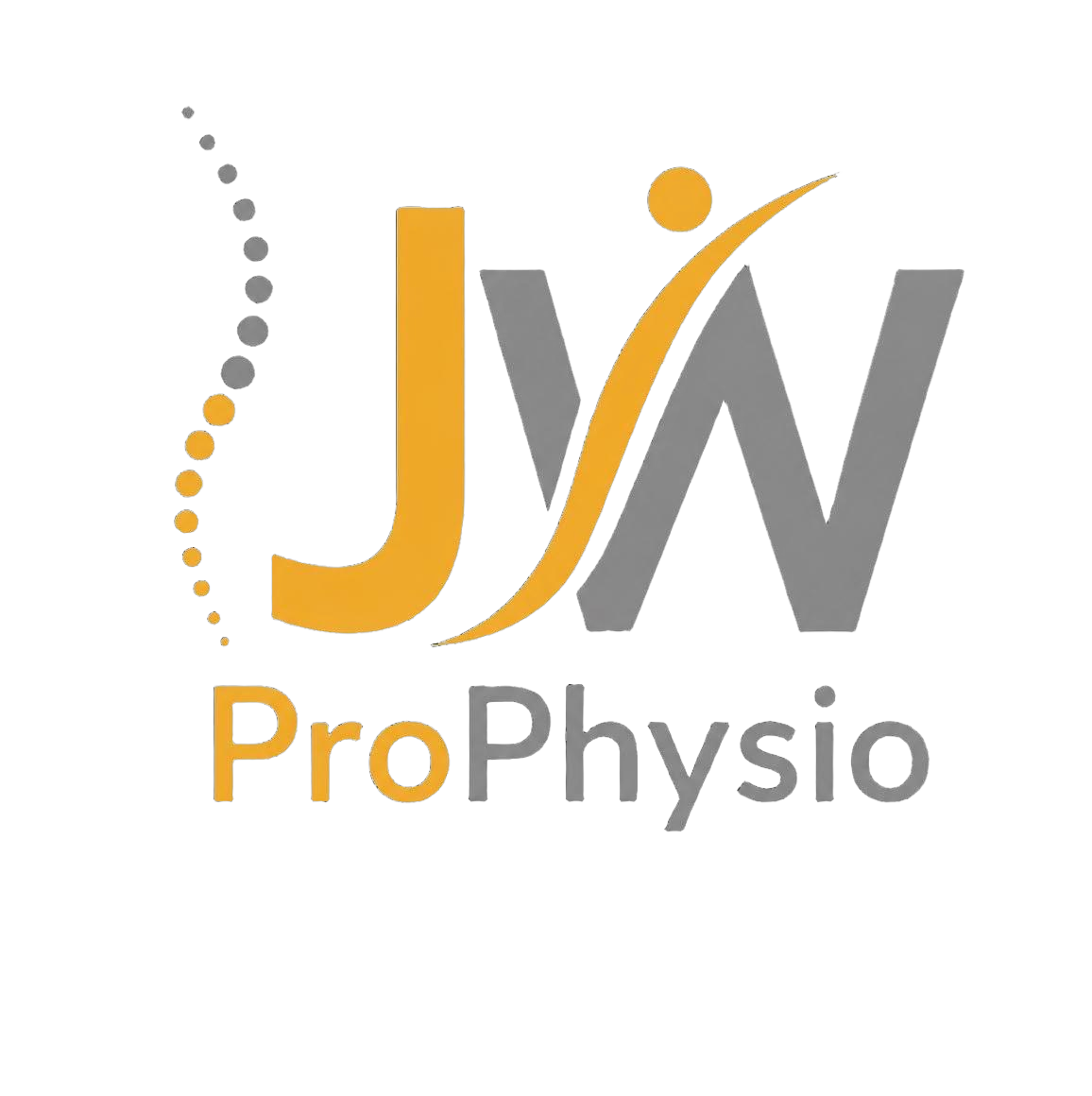 Remove the black background from this logo image, making it transparent. Keep all the logo elements (JW letters in gold/gray, ProPhysio text, decorative dots) intact.